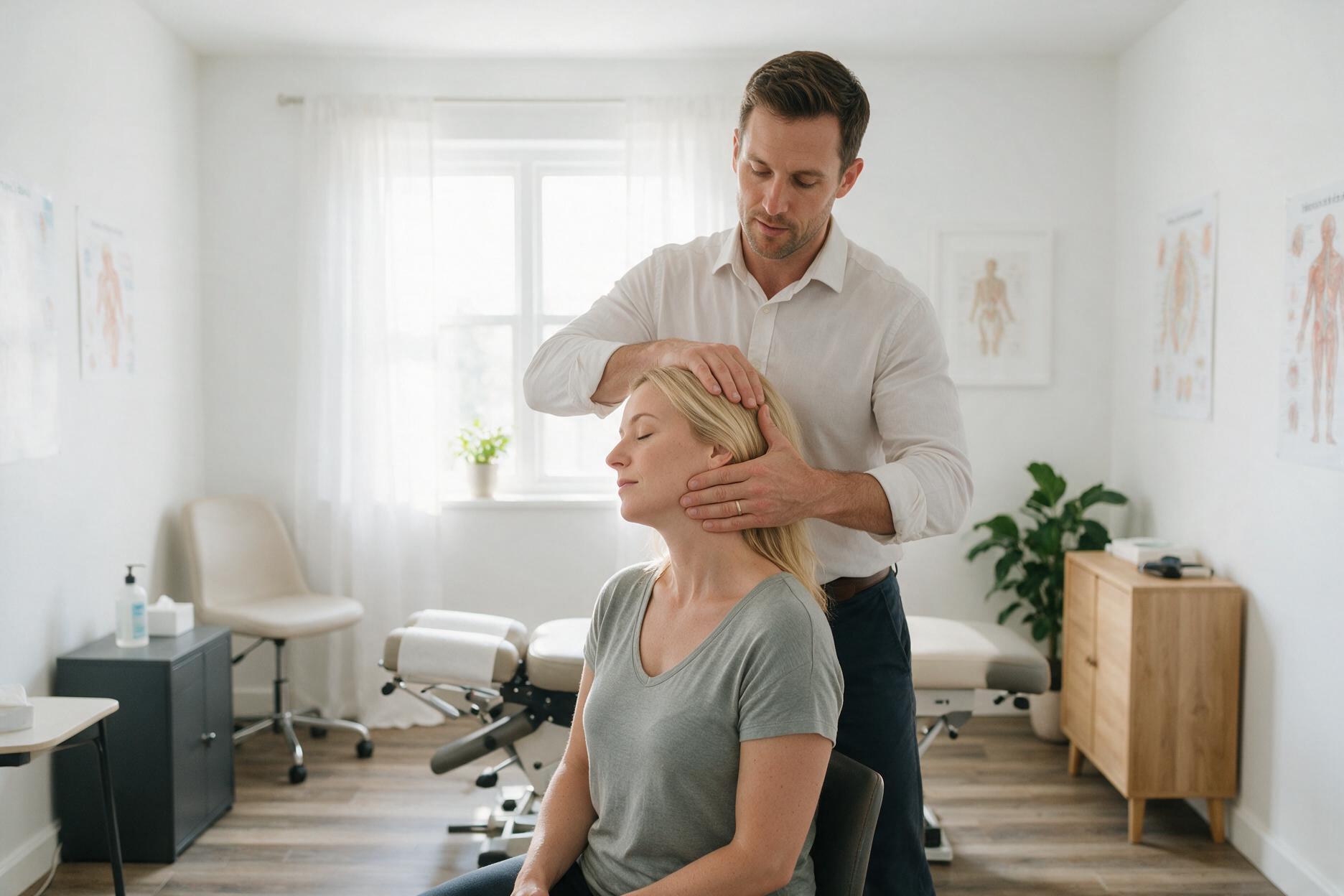 أخصائي علاج طبيعي يطبّق علاجًا يدويًا على رقبة مريضة أثناء جلوسها